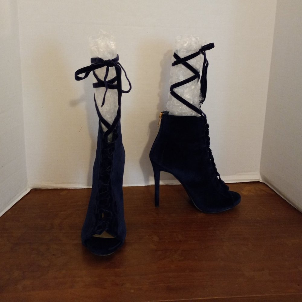 Size 9 Midnight Blue Almost Black Velvet Peep Toe Lace-Up Heel Booties "Kendall"